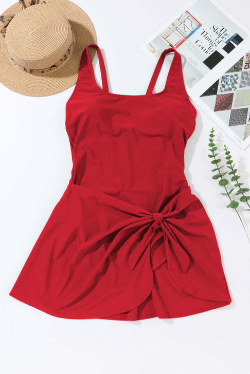 Racing Red U Neck Adjustable Straps Knotted Skirt Patchwork One Piece Swimsuit