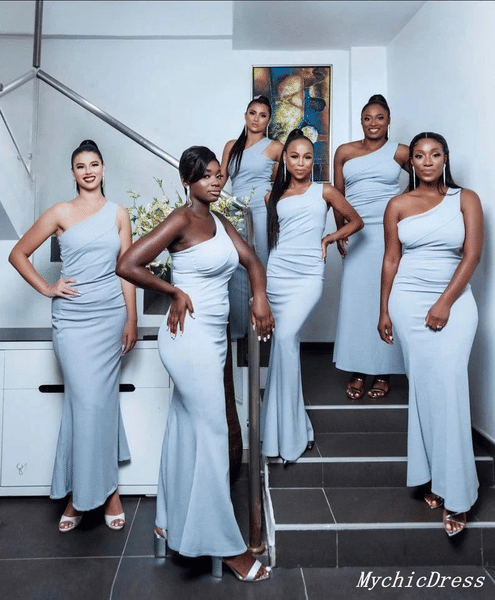 Sky Blue One Shoulder Mermaid Bridesmaid Dresses Sleeveless Evening Dress Wedding Guest Dress Sleev