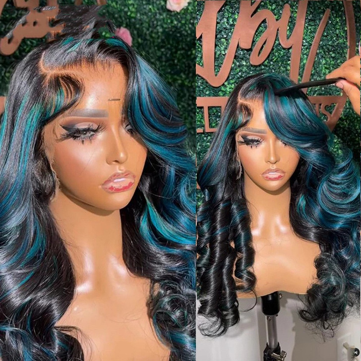 Color: 10ATPartWig180, Wig Length: 14inch 35cm - Blue Green Highlight Piano Color Big Wave Wig