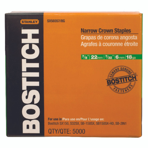 Bostitch SX 7/32 in. W X 7/8 in. L 18 Ga. Narrow Crown Staples 5000 pk