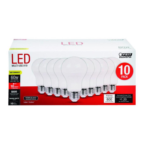 Feit A19 E26 (Medium) LED Bulb Warm White 60 Watt Equivalence 10 pk
