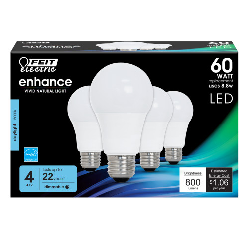 Feit A19 E26 (Medium) LED Bulb Daylight 60 Watt Equivalence 4 pk
