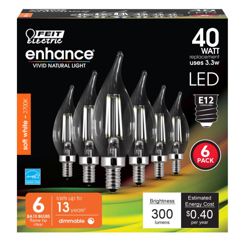 Feit Enhance CA10 E12 (Candelabra) Filament LED Bulb Soft White 40 Watt Equivalence 6 pk