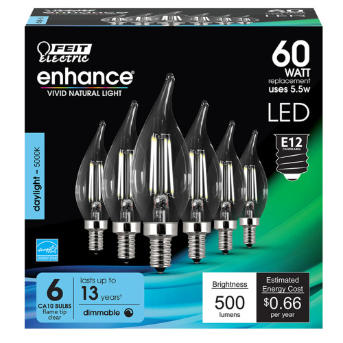 Feit Enhance CA10 E12 (Candelabra) Filament LED Bulb Daylight 60 Watt Equivalence 6 pk