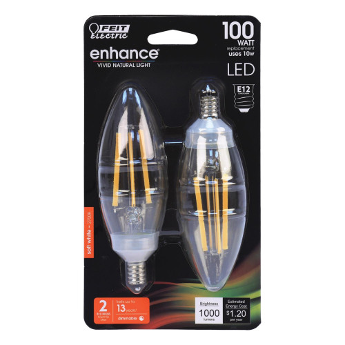 Feit Blunt Tip E12 (Candelabra) Filament LED Bulb Soft White 100 Watt Equivalence 2 pk