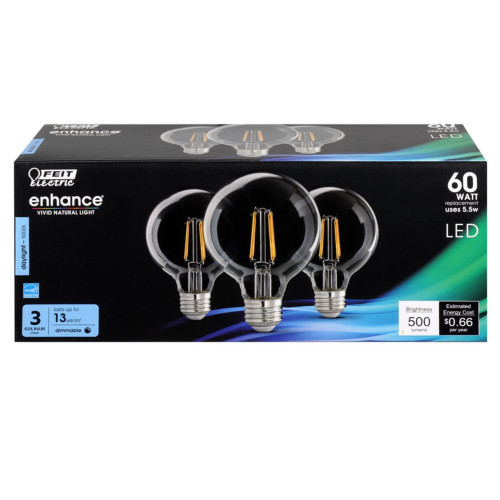 Feit Enhance G25 E26 (Medium) Filament LED Bulb Daylight 60 Watt Equivalence 3 pk