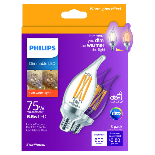 Philips BA11 E12 (Candelabra) LED Bulb Soft White 75 Watt Equivalence 3 pk