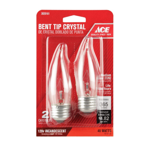 Ace 40 W CA9 Bent Tip Incandescent Light Bulb Medium Base (E26) White 2 pk