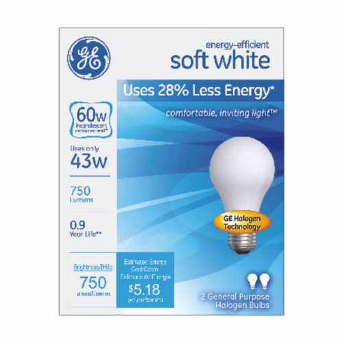 GE 43 W A19 A-Line Halogen Bulb 620 lm White 2 pk