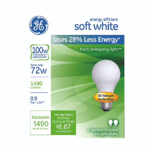 GE 72 W A19 A-Line Halogen Bulb 1,270 lm White 2 pk