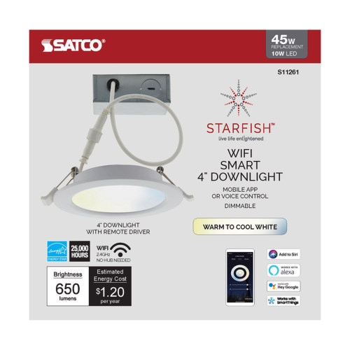 Satco Starfish Matte White 4 in. W Plastic LED Smart-Enabled Canless Recessed Downlight Kit 10 W