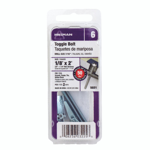 Hillman 1/8 in. D X 2 in. L Round Steel Toggle Bolt 2 pk