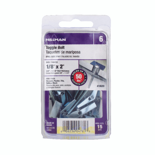 Hillman 1/8 in. D X 2 in. L Round Steel Toggle Bolt 15 pk