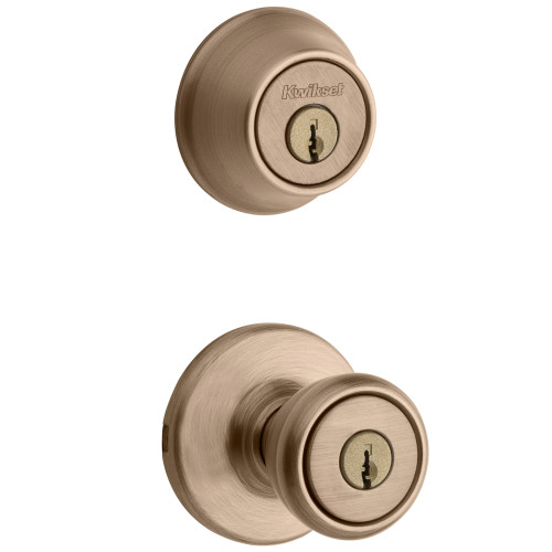 Kwikset Tylo Antique Brass Entry Lock and Single Cylinder Deadbolt 1-3/4 in.