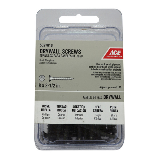 Ace No. 8 wire X 2-1/2 in. L Phillips Drywall Screws 50 pk