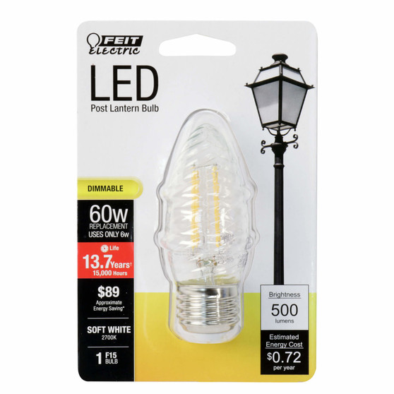 Feit F15 E26 (Medium) Post Lantern LED Bulb Soft White 60 Watt Equivalence 1 pk