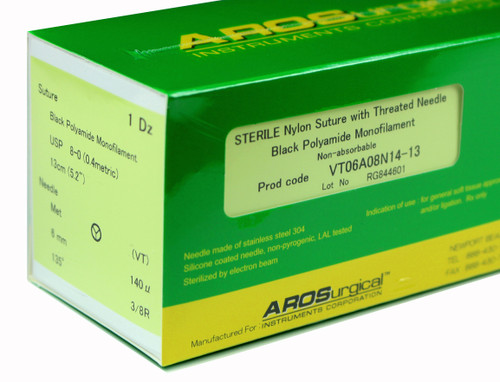 Micro AROSuture™ VT6A08N14 | 8-0 Sterile Nylon Microsuture with MET Point Needle
Sterile Nylon Microsuture with Threaded Needle: Non-Absorbable, Black Polyamide Monofilament Suture, Suture Size 8-0 (0.4 metric), Suture Length 5.2" (13 cm), Chord 4.7mm, MET Point Needle, Needle Length 6 mm (140 Microns), Needle Curvature 135° (3/8 Circle), 12 Per Box.  *Equivalent to ETHICON-Ethilon 2897G & SHARPOINT DRM6-AA-0122