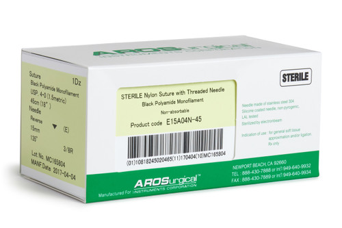 AROSuture™ E15A04N-45 | 4-0 Sterile Suture with Extra Reverse Cutting Needle
Sterile Nylon Suture with Threaded Needle: Non-Absorbable, Black Polyamide Monofilament Suture, Suture Size 4-0 (1.5 metric), Suture Length 18" (45 cm), Extra Reverse Cutting Needle, Needle Length 15 mm, Needle Curvature 135° (3/8 Circle), 12 Per Box.  *Comparable to ETHICON 1864G