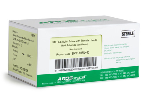 AROSuture™ BP11A06N-45 | 6-0 Sterile Nylon Suture with Spatula Precision Cutting Needle
Sterile Nylon Suture with Threaded Needle: Non-Absorbable, Black Polyamide Monofilament Suture, Suture Size 6-0 (0.7 metric), Suture Length 18" (45 cm), Spatula Precision Cutting Needle, Needle Length 11 mm, Needle Curvature 135° (3/8 Circle), 12 Per Box.  *Comparable to ETHICON 697G