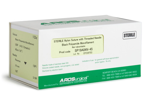 AROSuture™ SP19A04N-45 | Sterile Nylon Microsuture with Threaded Needle: Non-Absorbable, Black Polyamide Monofilament Suture, Suture Size 4-0 (1.5 Metric), Suture Length 18” (45cm), Spatula Reverse Cutting (SP) Needle, Needle Length 19mm, Needle Curvature 135° (3/8R), Needle Alloy Stainless Steel 304, Needle Sterilization Type Electron Beam, Needle Coating Silicone, Non-Pyrogenic, LAL Tested, Suture Usage General Soft Tissue Approximation and/or Ligation, Rx Only, 12 Per Box.