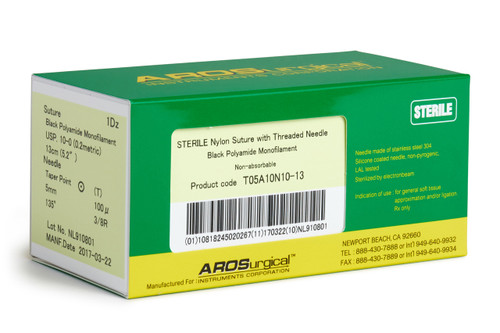 AROSuture™  T05A10N10-13 | Sterile Nylon Microsuture with Threaded Needle: Non-Absorbable, Black Polyamide Monofilament Suture, Suture Size 10-0 (0.2 Metric), Suture Length 5.2” (13cm), Swaged (Eyeless), Atraumatic Taper Point (T) Needle 100 microns (100 µ), Needle Length 5mm, Needle Curvature 135° (3/8R), Needle Alloy Stainless Steel 304, Needle Sterilization Type Electron Beam, Needle Coating Silicone, Non-Pyrogenic, LAL Tested, Suture Usage General Soft Tissue Approximation and/or Ligation, Rx Only, 12 Per Box.