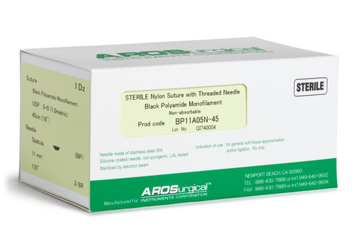 AROSuture™ BP11A05N-45 | 5-0 Sterile Suture w/ Spatula Precision Cutting Needle
Sterile Nylon Suture with Threaded Needle: Non-Absorbable, Black Polyamide Monofilament Suture, Suture Size 5-0 (1.0 metric), Suture Length 18" (45 cm), Spatula Precision Cutting Needle, Needle Length 11 mm, Needle Curvature 135° (3/8 Circle), 12 Per Box.  *Comparable to ETHICON 695G