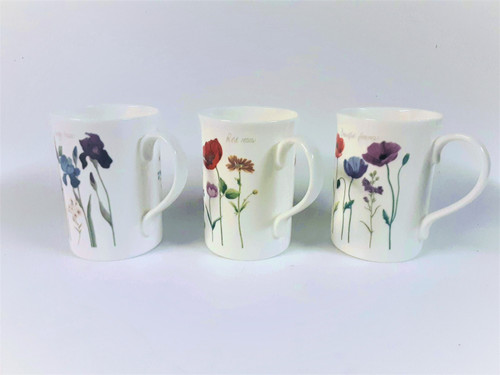 Set of 3 china mugs with garden stem flowers decoration 