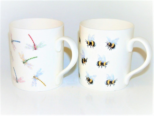 2 Large ( 400ml ) Bone China Mugs with Bee & dragonfly design