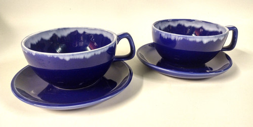 Set of 2 large continental size cups  and saucers glazed in blue with white top