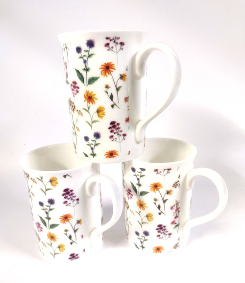 Set of 3 Bone China Mugs with small wild flower design