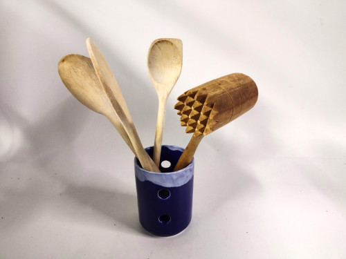 Craft made pottery utensil drainer cobalt blue with white top 