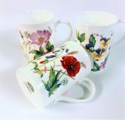 Set of 3 bone china mugs  with small wild flowers