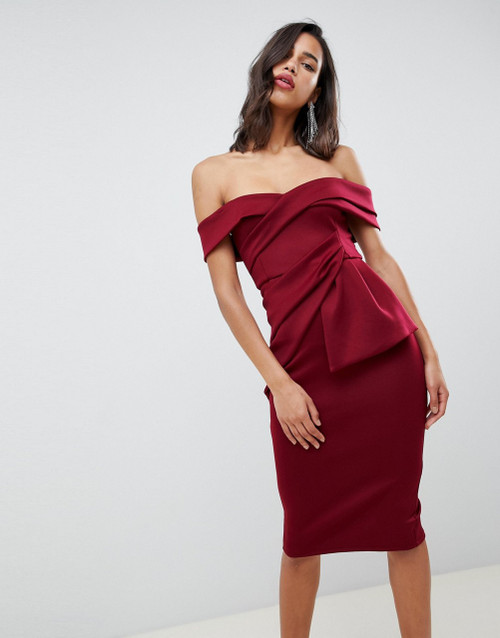 ASOS DESIGN Bardot Fold Wrap Front Midi Pencil Dress