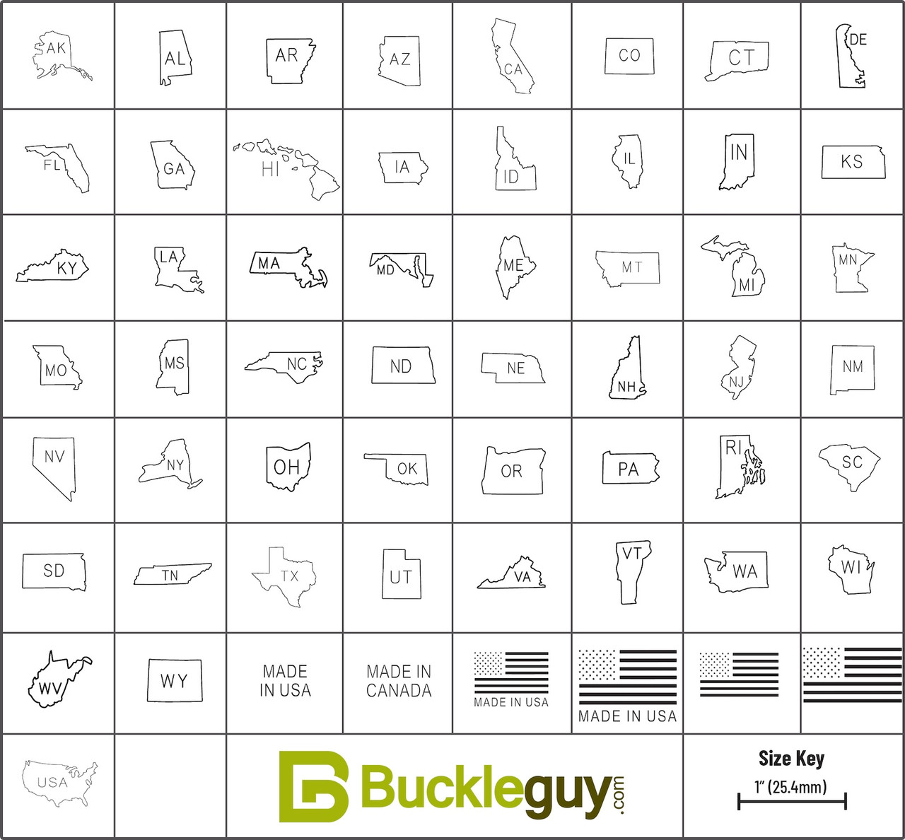 All USA state leather stamps chart