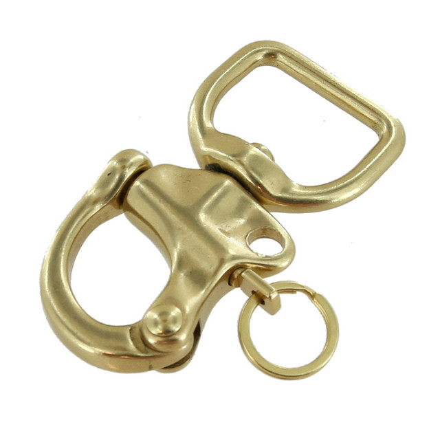 C5102 1" Natural Brass, Quick Release Snap Shackle, Flat Base, w/ 1/2" B2020 Key Ring, Solid Brass