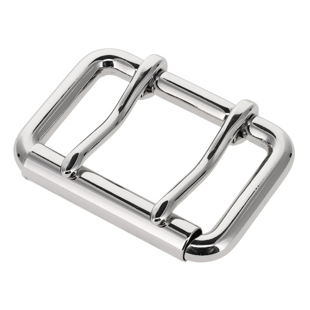 B7348 Nickel Plate, Double Prong Roller Buckle, Solid Brass-LL, Multiple Sizes