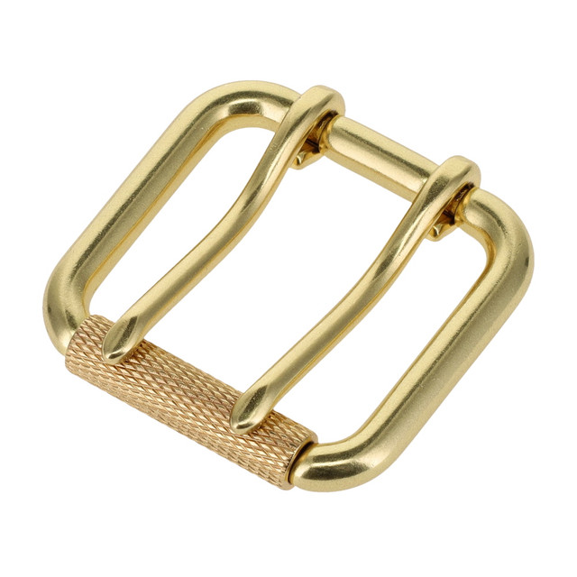 B7357 Natural Brass, Double Prong Roller Buckle, w/ Textured Roller, Solid Brass-LL