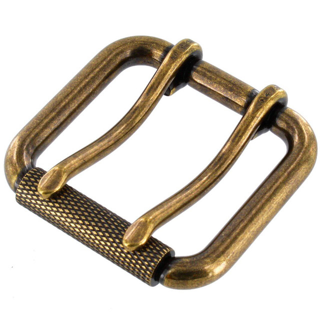 B7357 Antique Brass, Double Prong Roller Buckle, w/ Textured Roller, Solid Brass-LL, Multiple Sizes
