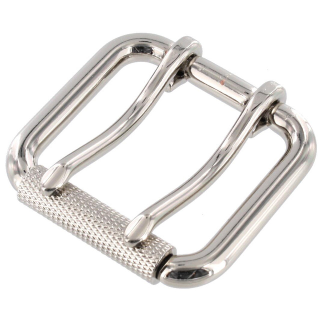 B7357 Nickel Plate, Double Prong Roller Buckle, w/ Textured Roller, Solid Brass-LL, Multiple Sizes