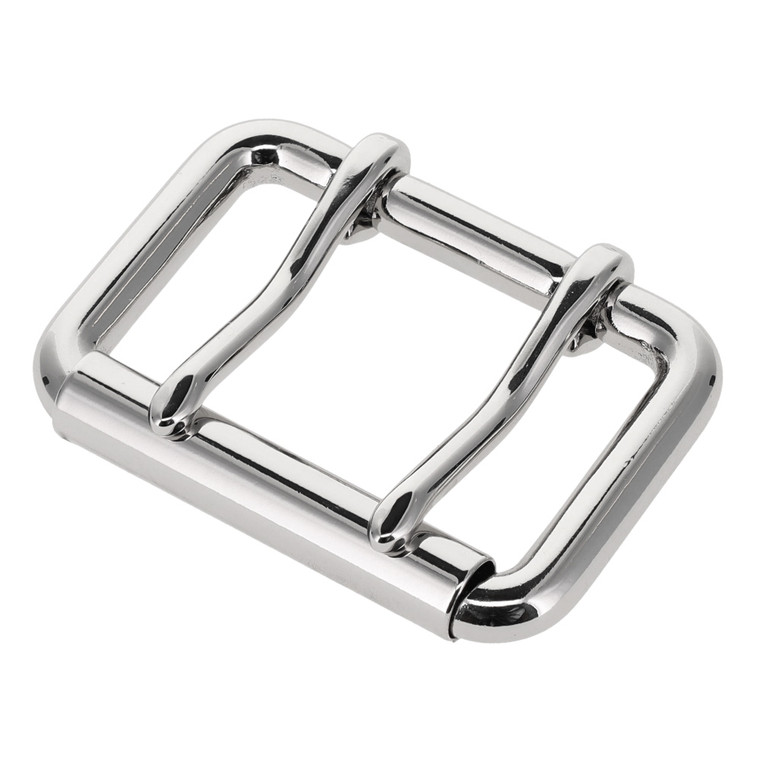 B7348 Nickel Plate, Double Prong Roller Buckle, Solid Brass-LL, Multiple Sizes