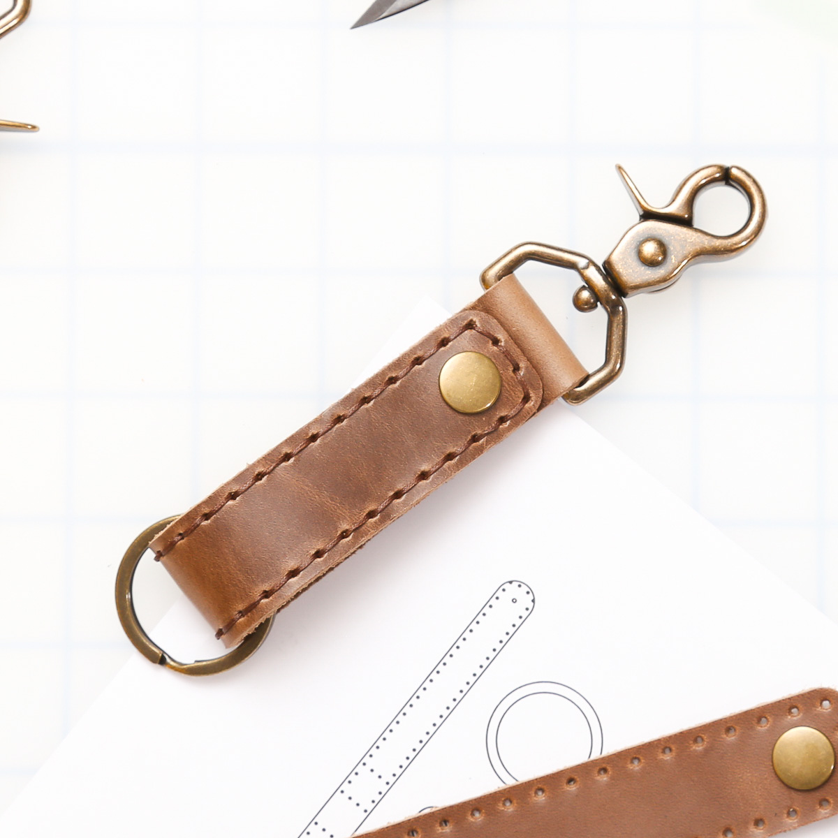 Leather Keychain Kit - Brown - Brass Hardware - Flat Key Ring