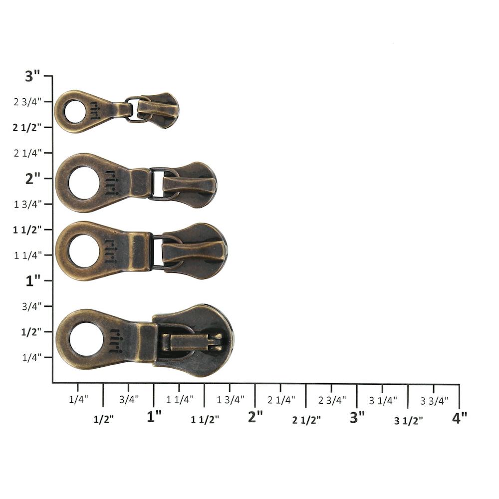 Riri KTA Zipper Pull, Antique Brass, Multiple Sizes