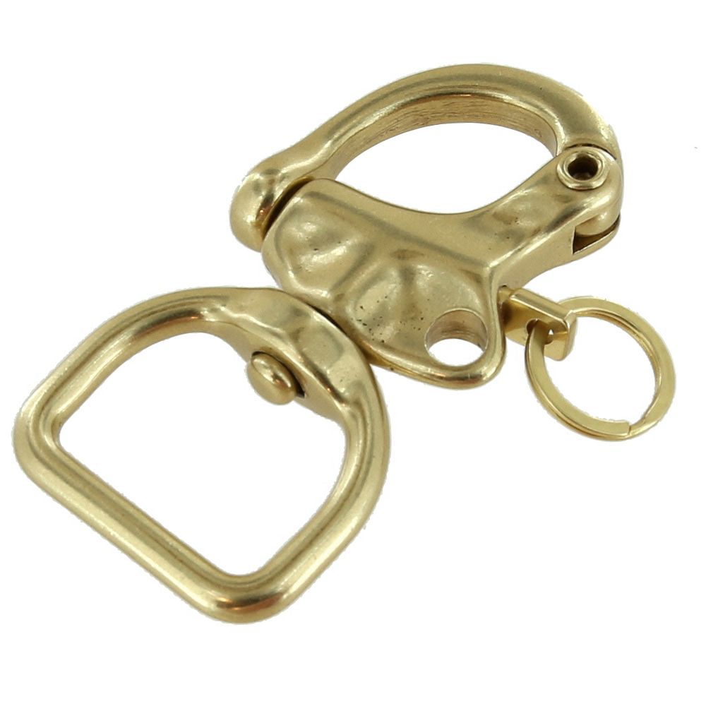 C5102 1 Natural Brass, Quick Release Snap Shackle, Flat Base, w/ 1/2  B2020 Key Ring, Solid Brass 