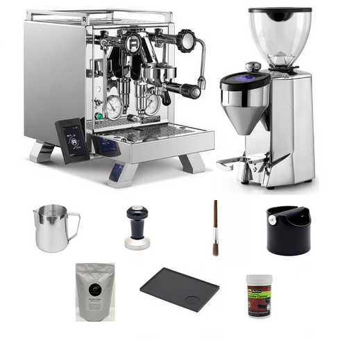 Rocket R Cinquantotto (R58) and Fausto 2.1 Chrome coffee machine and grinder package with barista accessories bundle.