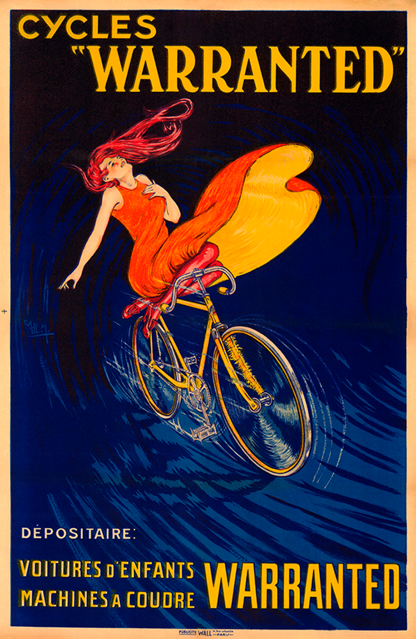 Cycles Warranted  Vintage Bicycle Poster