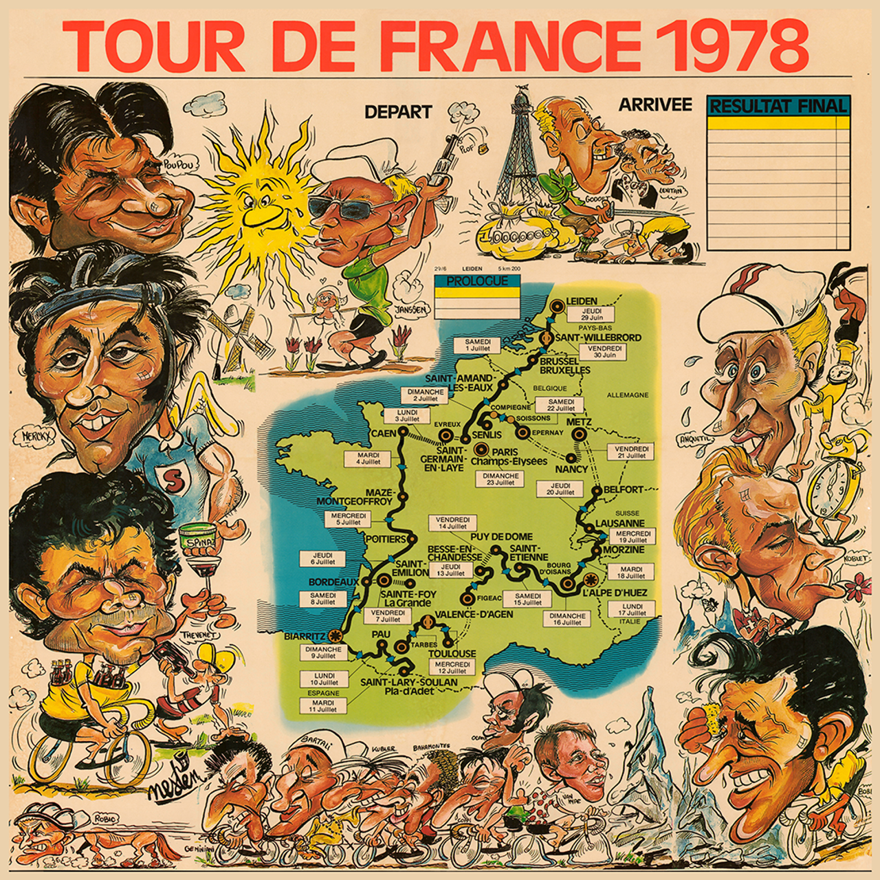 1978 Tour de France Caricatures Map Poster print