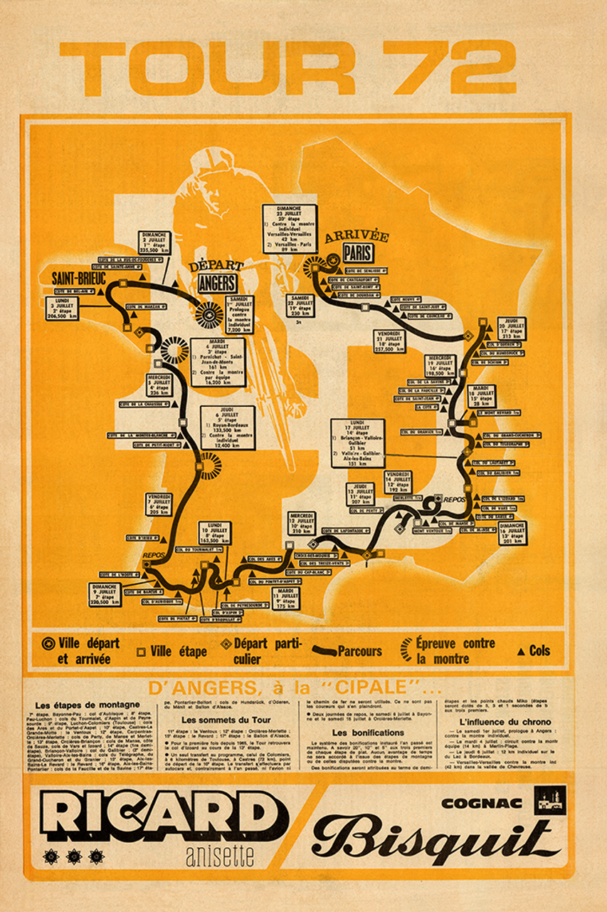 1972 Tour de France Vintage Map Poster designed so fans could follow the race