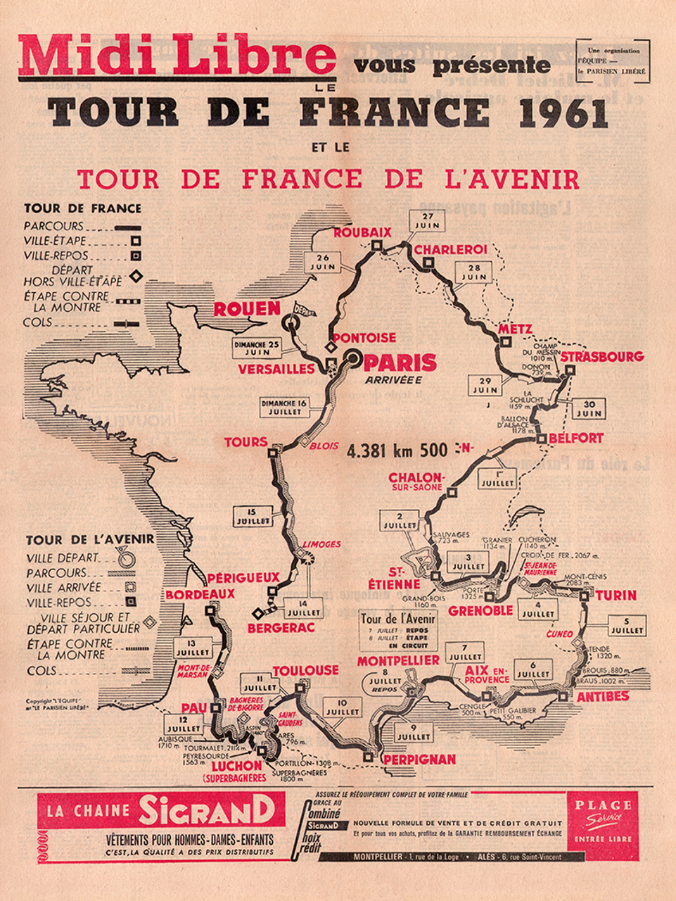 1961 Tour de France Vintage Map Poster Print