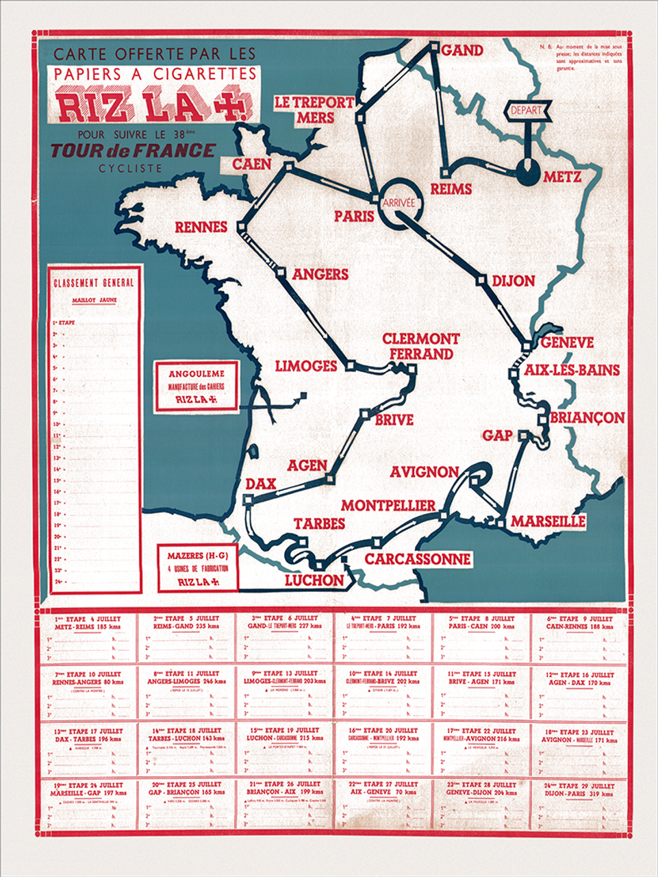 1951 Tour de France Vintage Map Poster Print
