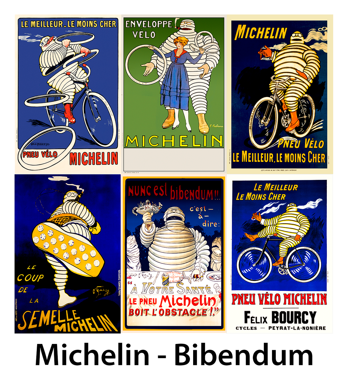 Bibendum, The Michelin Man Bicycle Posters - Set of 6